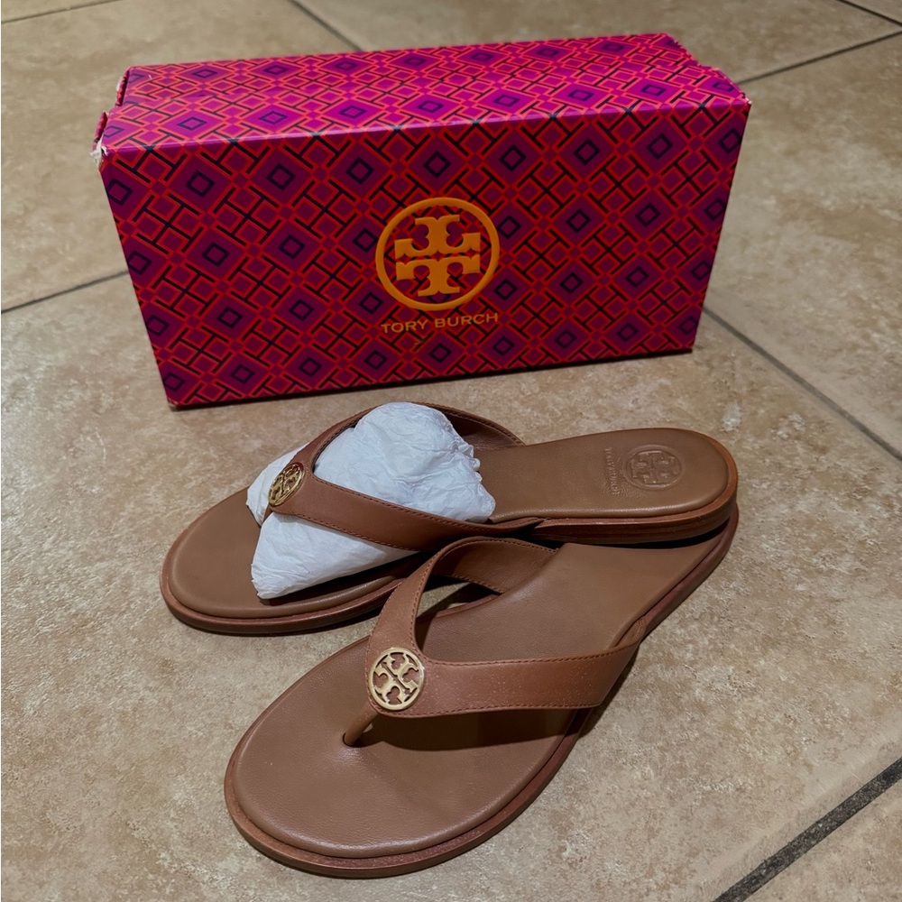 Tory Burch Tan Leather Flip Flops